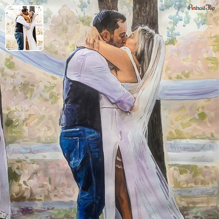 A watercolor wedding painting where bride and groom are kissing each other