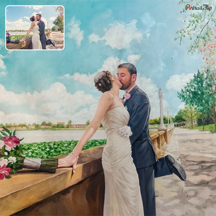 An oil wedding painting that portrays a bride and groom kissing each other