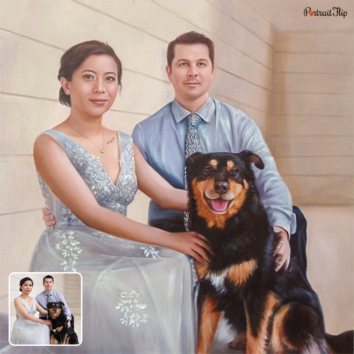 A picture of a couple sitting with a dog which is converted into oil wedding painting