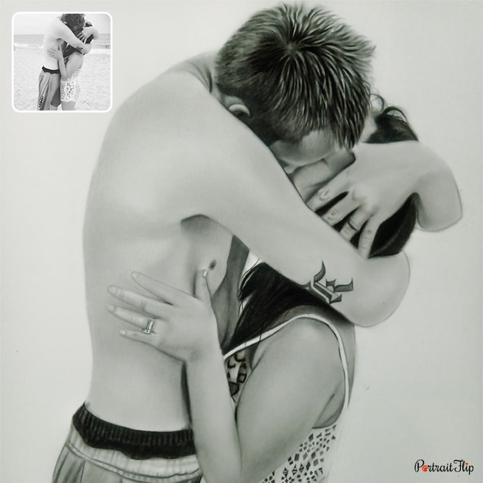 A pencil wedding painting where a couple is kissing each other