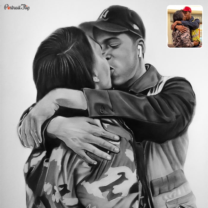 A picture of a couple kissing each other which is converted into charcoal wedding painting