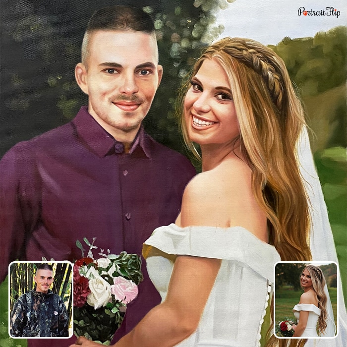 A compilation of a man and a bride into a wedding painting who are standing close to each other