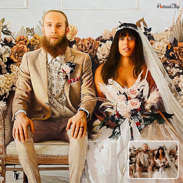 A photo converted into a wedding painting where the bride and groom are sitting next to each other.
