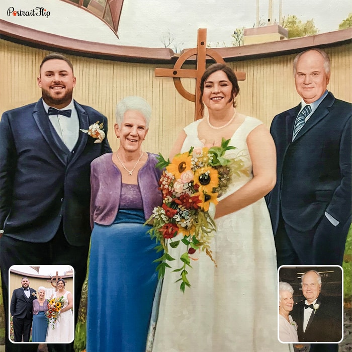 A Compilation Wedding Painting that Includes the Bride, Groom, Old Man, and Woman