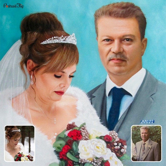 A compilation of bride and her father into a wedding painting