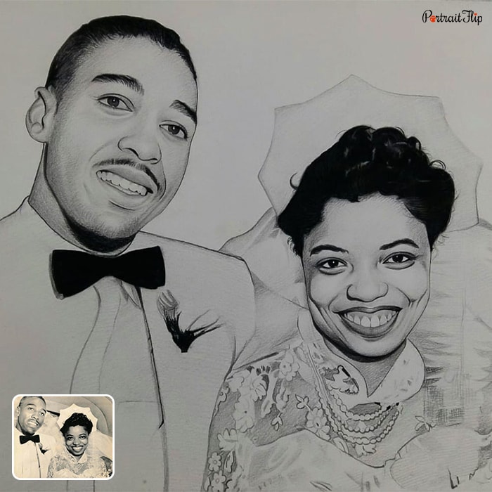 An old photo that is converted into pencil wedding painting that portray a bride and groom close up shot