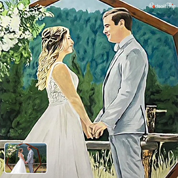 A portrait of a bride and groom facing each other which is converted into watercolor wedding painting