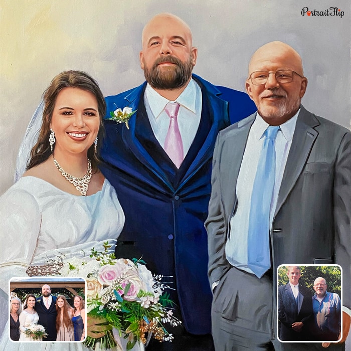 A compilation picture of a couple with a old man which is converted into a wedding painting