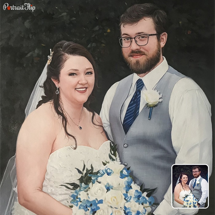A wedding painting of a couple posing for pictures