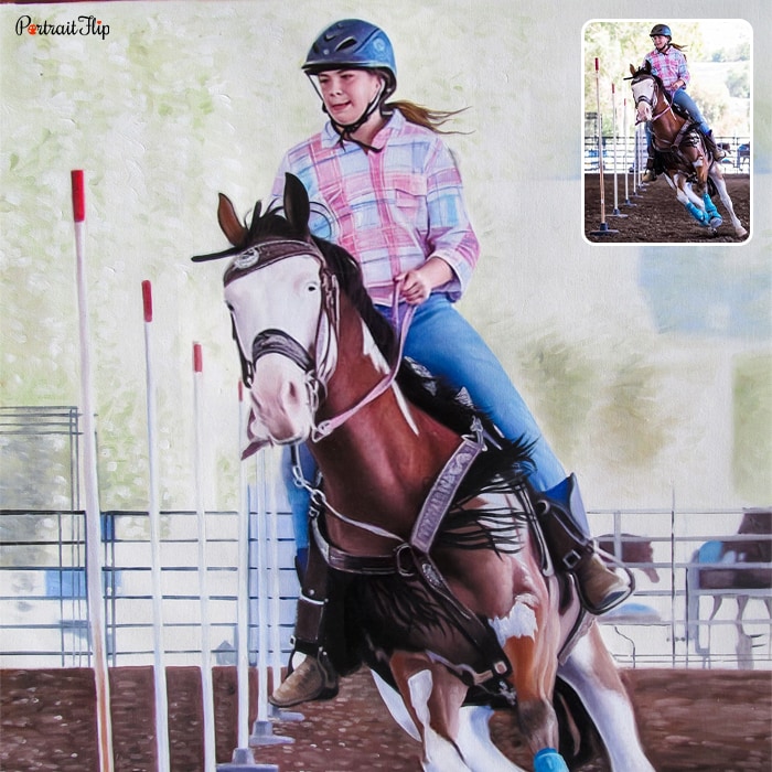 Picture of a girl who is riding on a horse is converted into a horse portraits