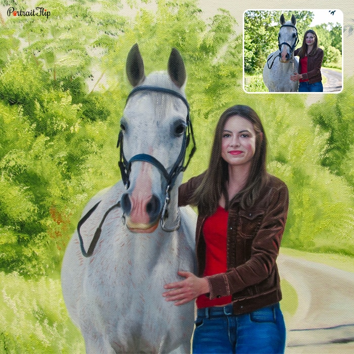 Horse portraits of a woman standing next to a horse