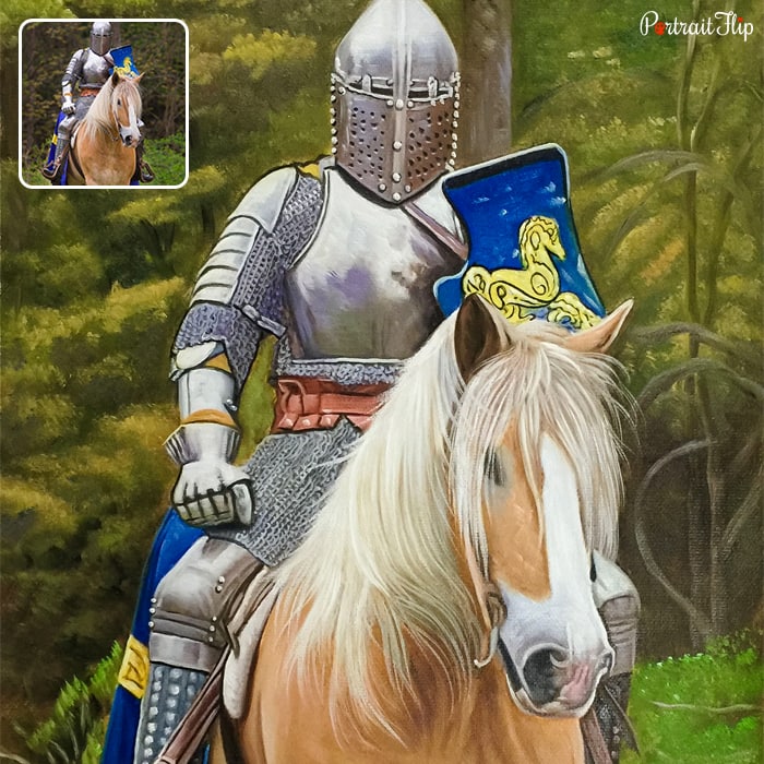 Horse portraits of a person riding on horse wearing a warrior costume