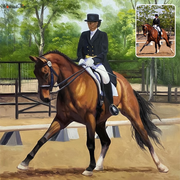 Horse portraits of a man riding a horse in a stables