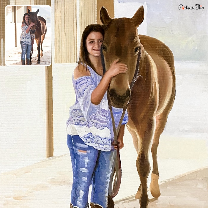 Horse portraits of a girl standing beside the horse with her hands on horse face which is converted as a horse portraits