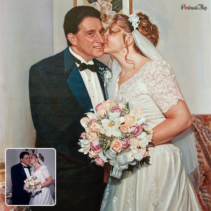 Acrylic wedding painting of a couple kissing