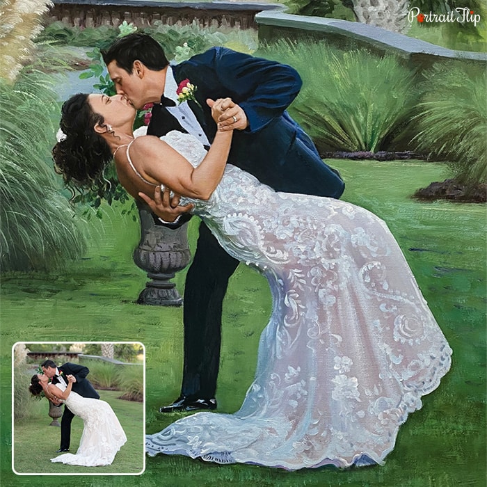 A picture of a couple posing together while kissing each other which is converted into oil wedding painting