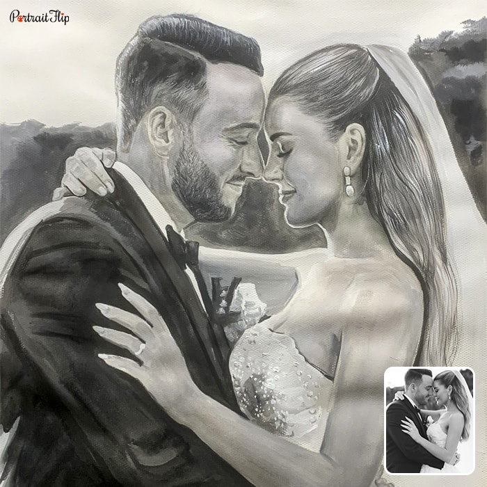 A pastel wedding paintings of a bride and groom where they are facing each other with a bride being in the arms of groom