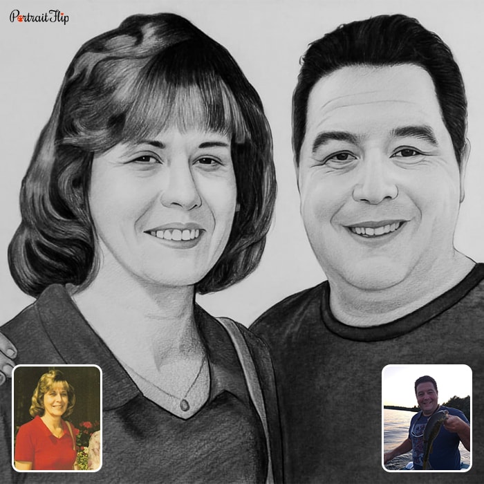 Compilation of a woman and a man placed next to each other, which is converted into pencil paintings