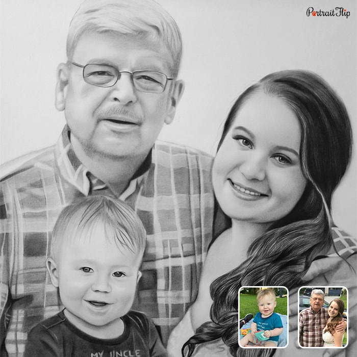 A compilation of pictures that include a baby, a girl, and an old man that is converted into a pencil wedding painting