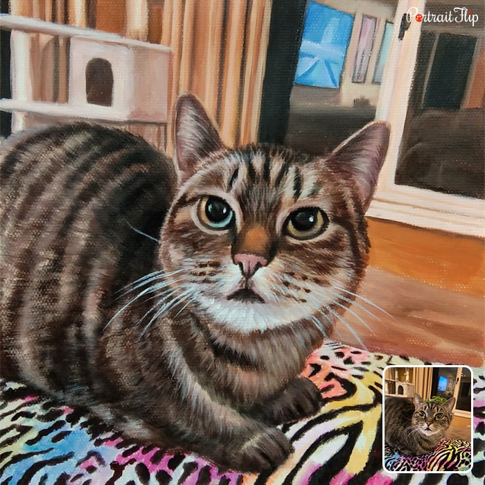 Watercolor pet portraits of a cat sitting on an animal print cloth
