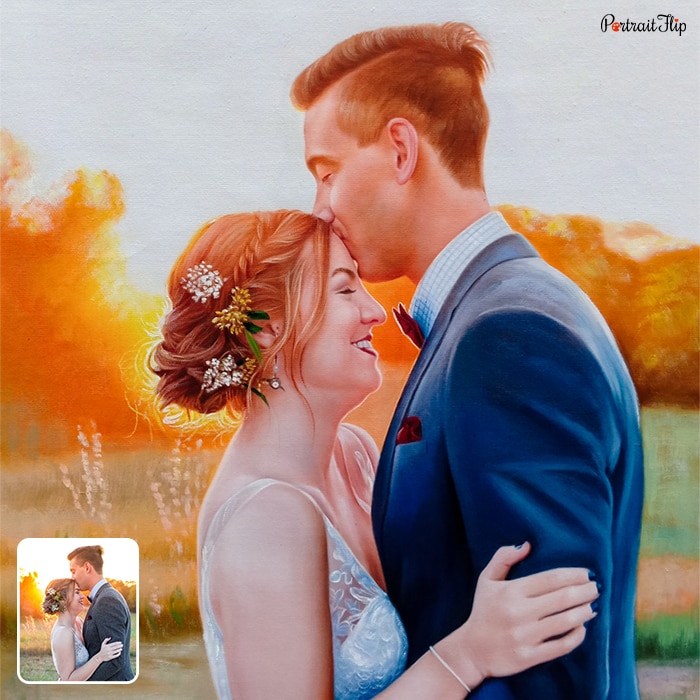 A picture converted into a wedding painting where a groom is kissing the forehead of the bride