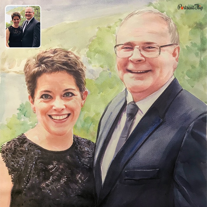 A watercolor wedding painting where bride and groom are kissing each other