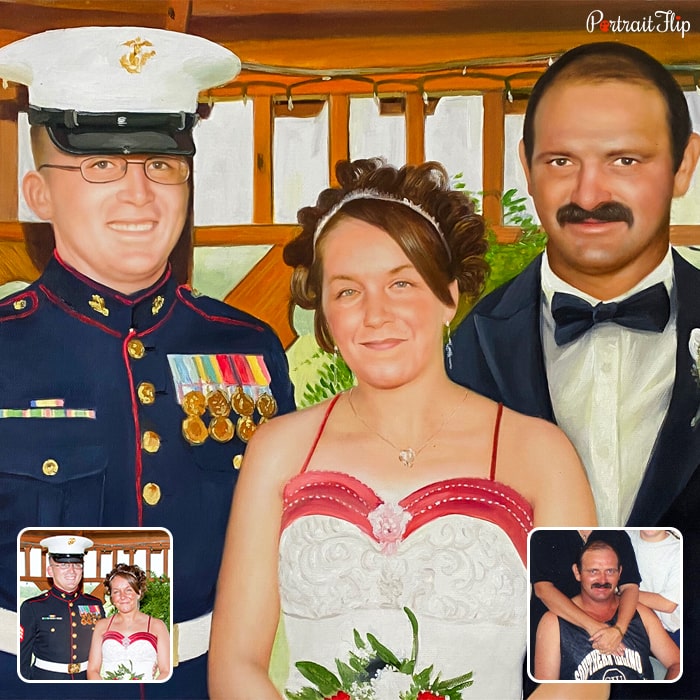 A compilation of a couple and a man into a wedding painting