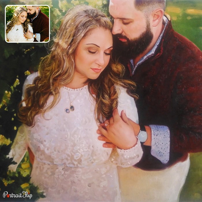 An oil valentine’s day paintings where the man is standing behind the woman and the her head is lying on the his shoulder