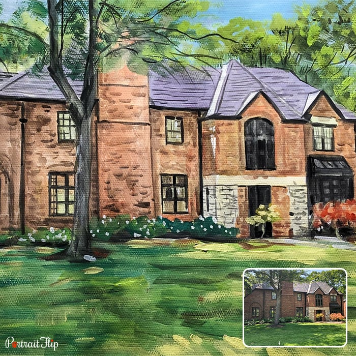 A photo of a house that is converted into a watercolor paintings