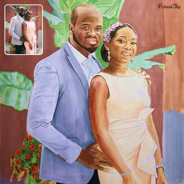 Watercolor paintings of a man and a woman where man is standing behind woman