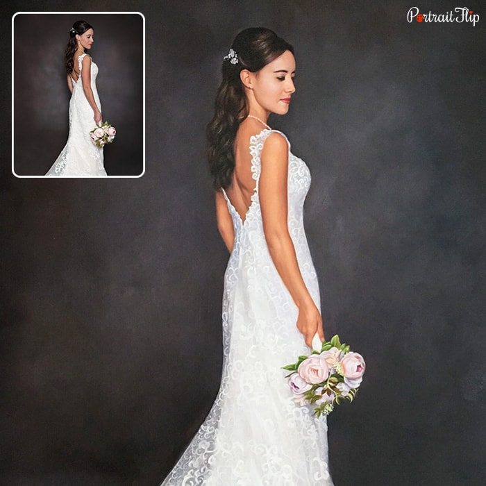 A picture of a bride posing on a black-grey background that is converted into a wedding painting.