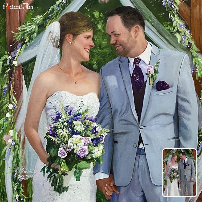 A picture of a couple looking at each other that is converted into a wedding painting.