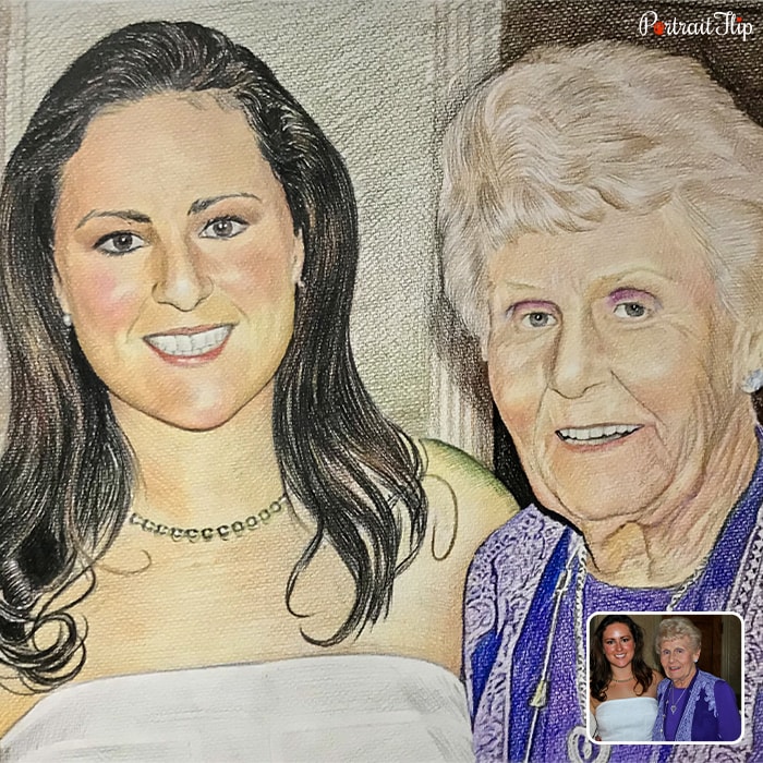 A picture of a bride and old lady that is transformed into wedding painting