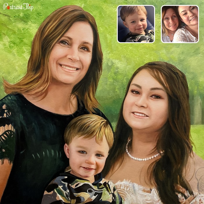 Merged portraits of an old woman with a girl and a boy in a green background