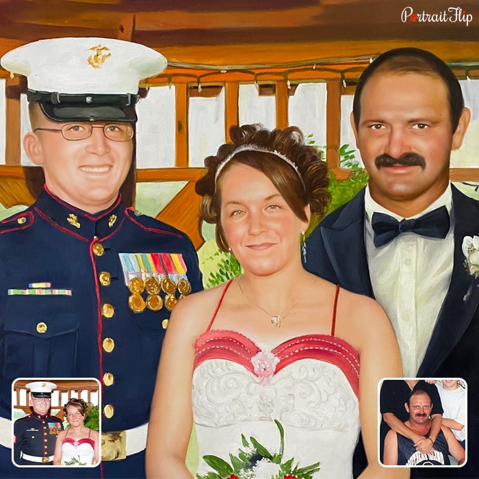 Merged portraits of a woman standing between two men, where one is wearing uniform and the other is in suit