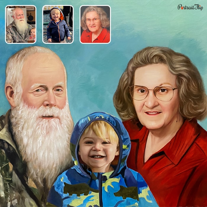 Merged portraits of an old man and woman with a young boy between them