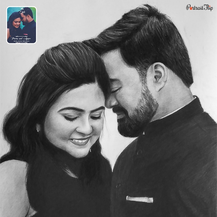 Charcoal painting of a couple where the man’s face is close to woman’s forehead