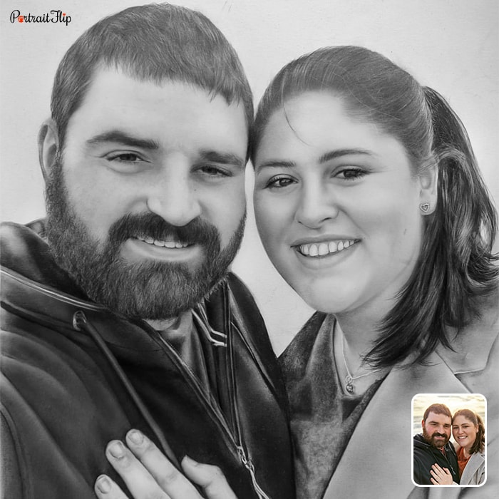 Charcoal painting of a couple where the man is talking selfies with the woman