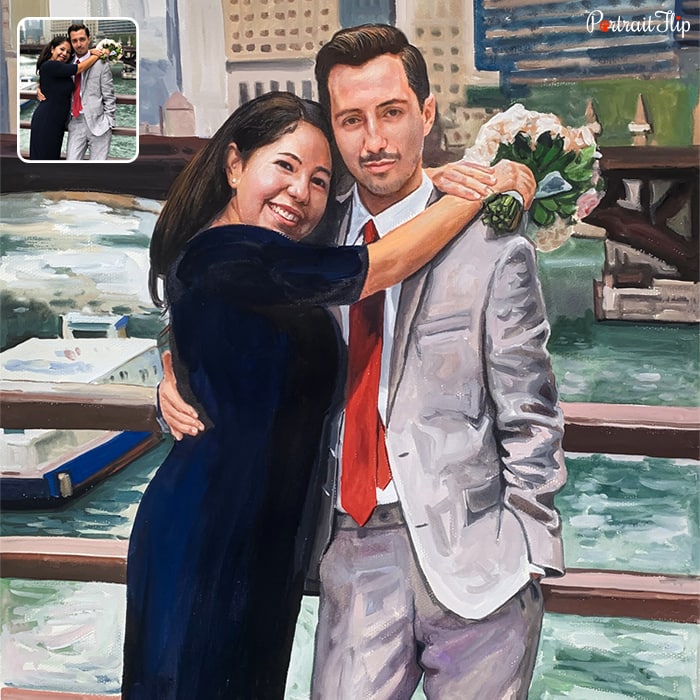 Anniversary portraits of a couple where woman’s arm is around man’s neck along with bouquet of flowers on her hand