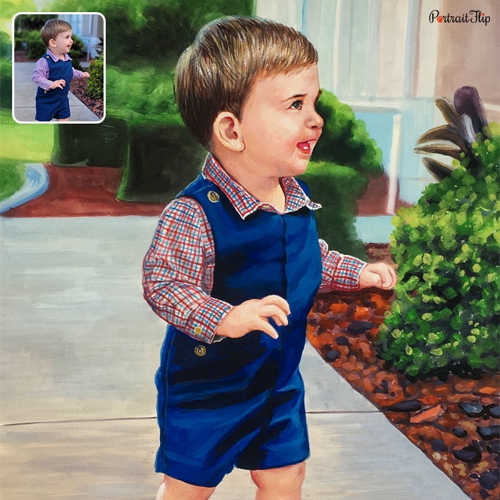 Baby portraits of a baby boy standing in a lawn