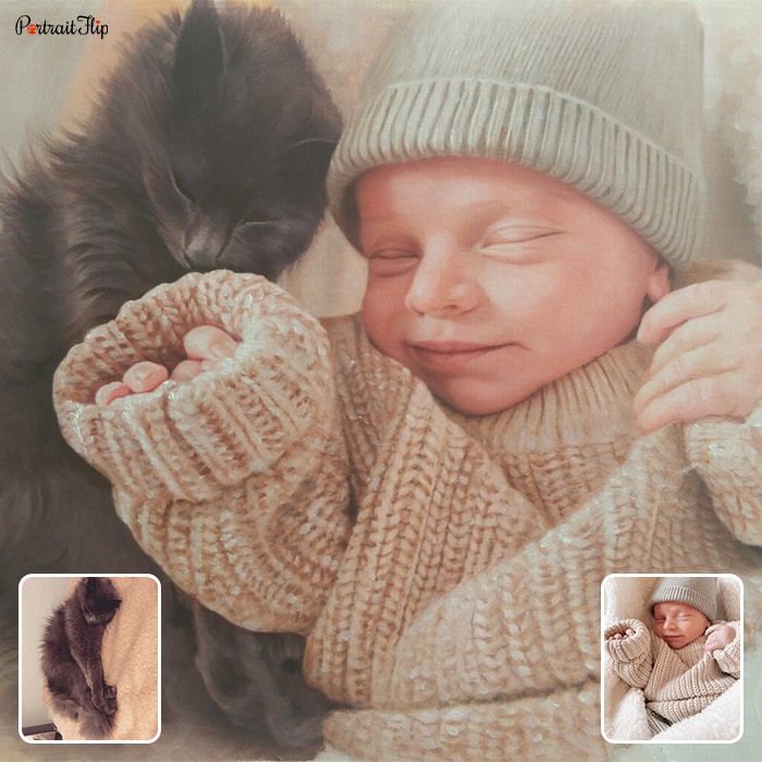 Baby portraits of a baby with eyes closed and arms stretched, along with a cat beside him