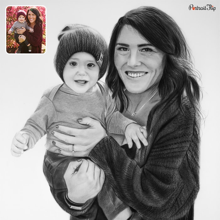 Charcoal painting of a woman holding a baby in her arms