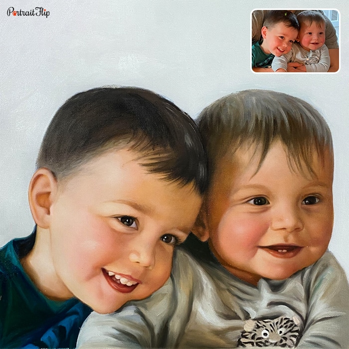 Oil painting of two baby boys sitting closely together