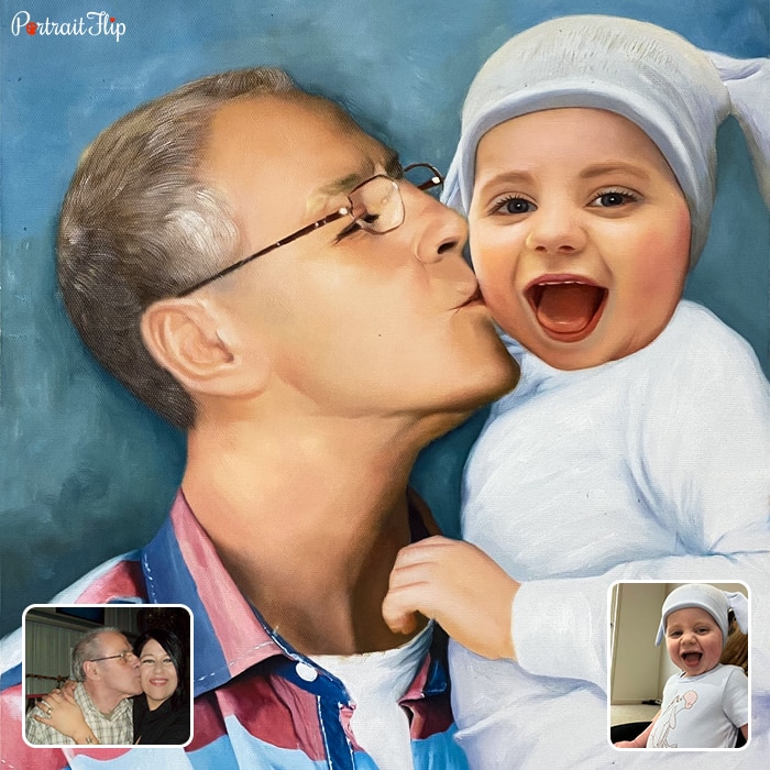 Baby portraits of an old man kissing a baby's cheeks while holding him in his arms