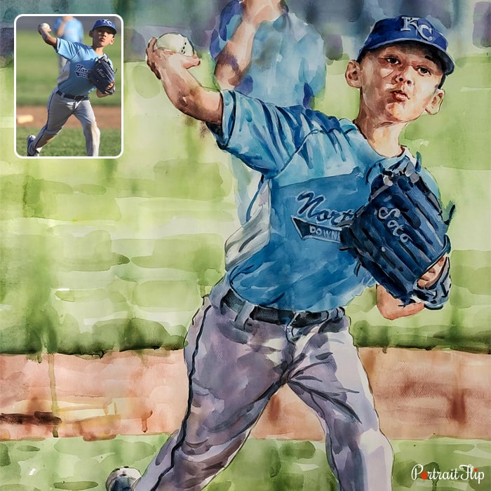 Watercolor painting of a boy playing cricket while throwing a ball