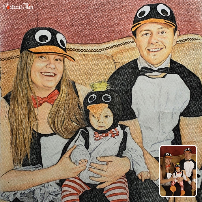 Colored pencil painting of a family where the man, woman and a baby are wearing penguin outfits