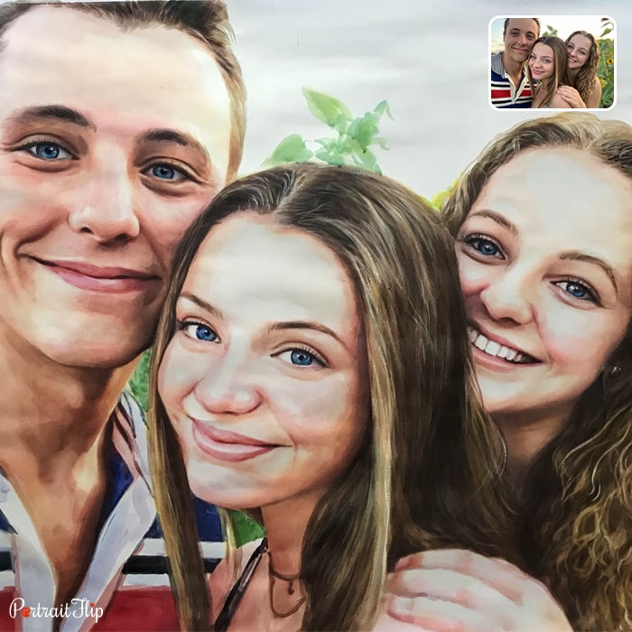 Watercolor painting of a girl taking selfie with another girl and a boy beside her