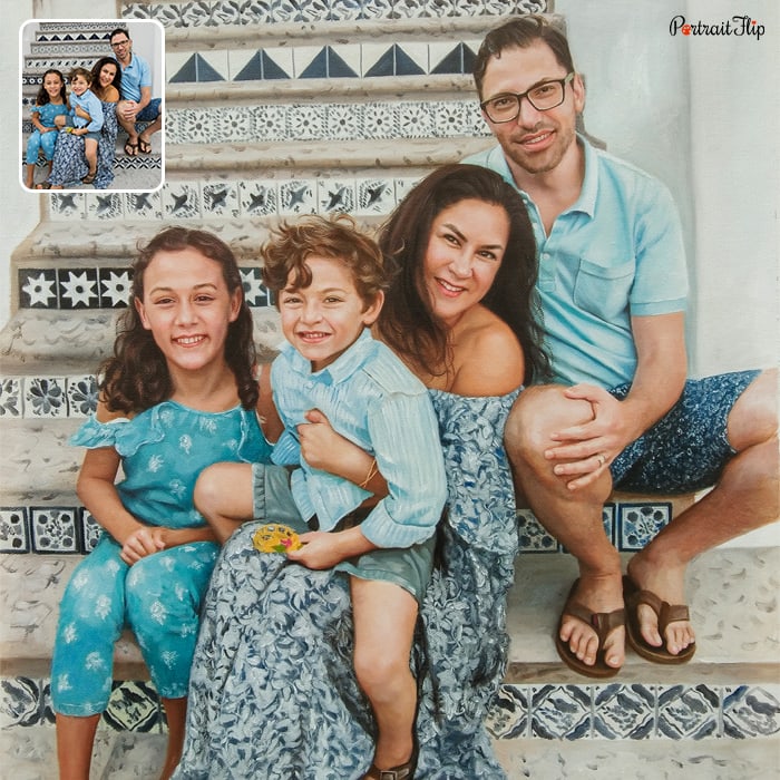 Oil painting of a man sitting on stairs behind a woman with a young boy on her lap and a girl beside her