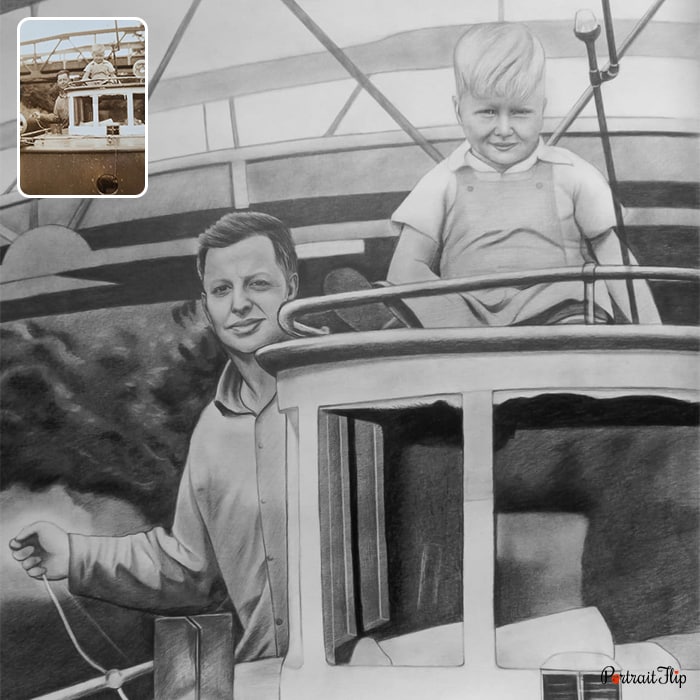 Black and white boat portraits of a man and a child standing on boat