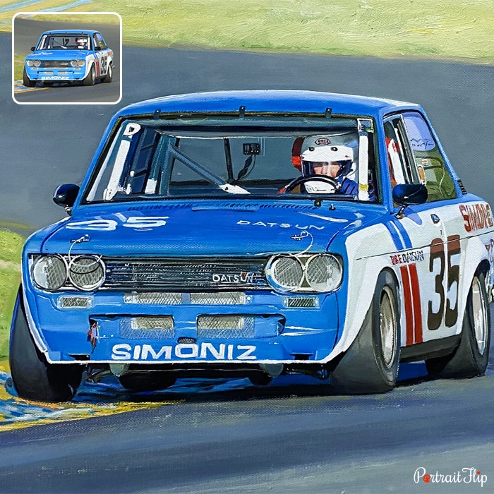 Picture of racer in a race car that is converted into car portraits